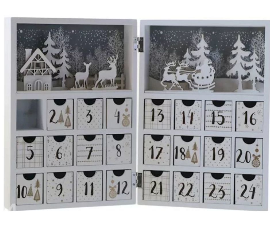 Kuvassa puinen joulukalenteri, jossa pienet luukut ja 3D-kuva