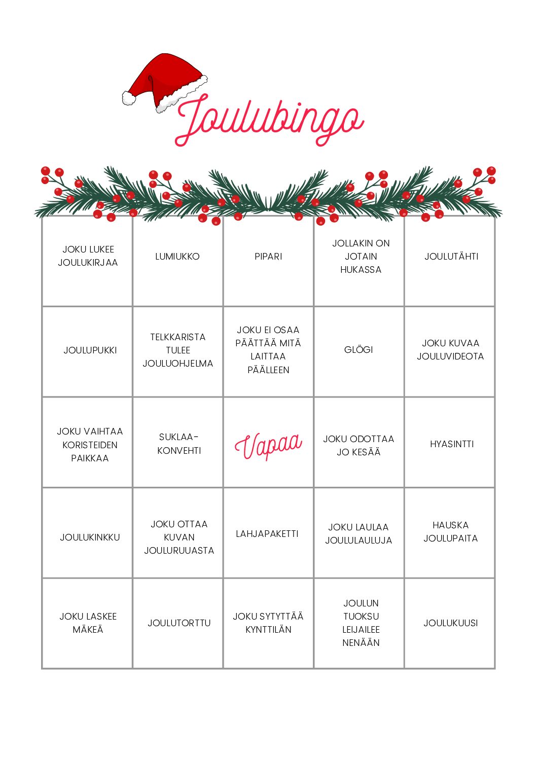Joulujuttuja - joulubingo teksteillä (ilmainen ladattava pdf)
