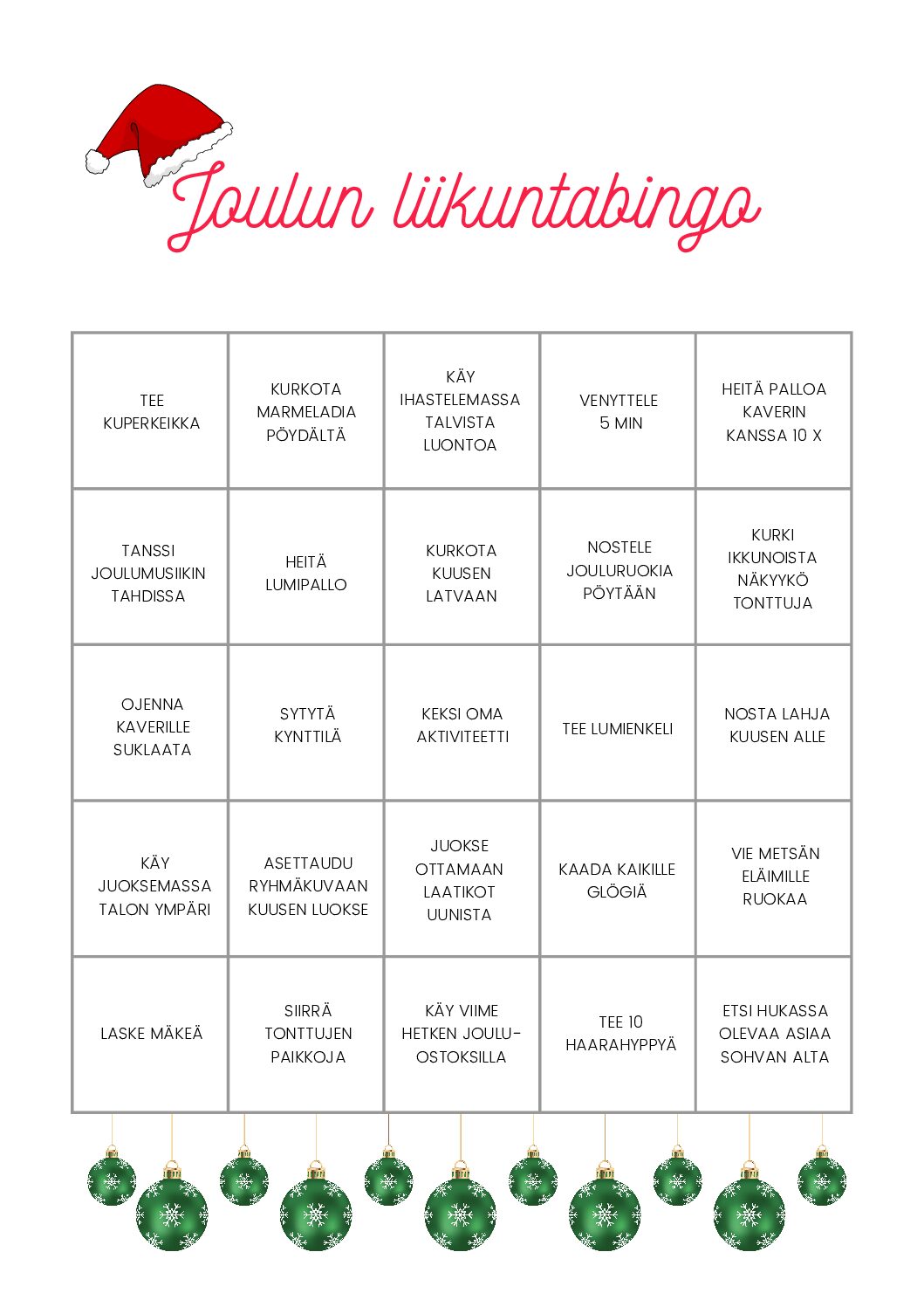 Joulujuttuja - joulun liikuntabingo (ilmainen ladattava pdf)