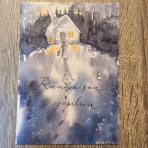 Joulukortti, jossa nainen kävelee pihasaunalle lumisessa kelissä