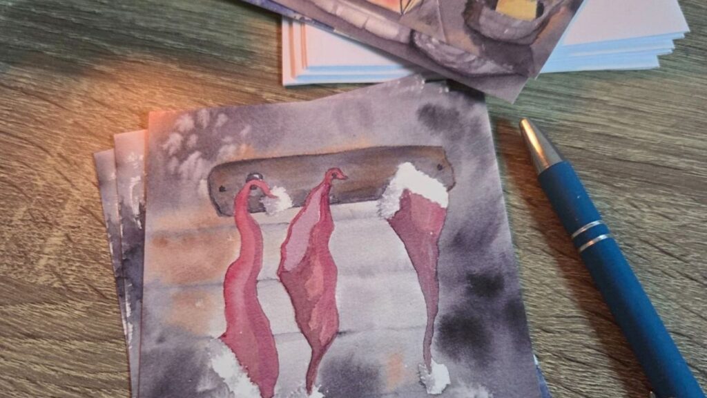 Joulukortteja ja kynä pöydällä